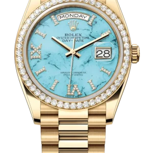 Rolex Day-Date 128348RBR Yellow Gold Diamond Bezel Turquoise Diamond Dial