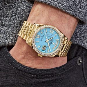 Rolex Day-Date 128348RBR Yellow Gold Diamond Bezel Turquoise Diamond Dial
