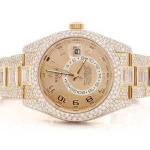 ROLEX WATCH WITH DIAMONDS SKY-DWELLER 42MM YELLOW AUTOMATIC STAINLESS STEEL FULL ICED MOISSANITE 26.00CT