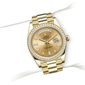 Rolex Day-Date 228348RBR Yellow Gold Diamond Bezel Champagne Diamond Dial