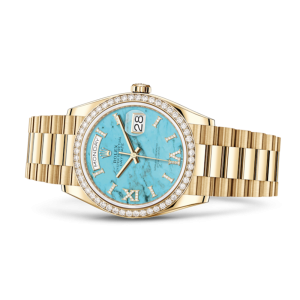 Rolex Day-Date 128348RBR Yellow Gold Diamond Bezel Turquoise Diamond Dial