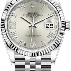 Rolex Datejust 36 Steel & White Gold Silver Diamond Pave Roman Dial Women’s Watch M126234-0029