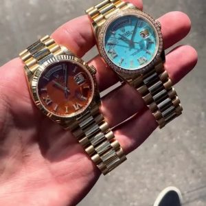 Rolex Day-Date 128348RBR Yellow Gold Diamond Bezel Turquoise Diamond Dial