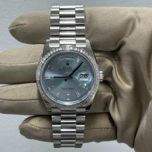 Lady Rolex DAY-DATE 36 128396TBR Ice Blue Baguette Index Replica