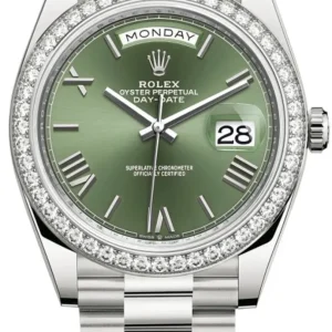 Rolex Day-Date 40 18k White Gold Olive Green Dial Diamond Bezel Men’s Watch M228349RBR-0030