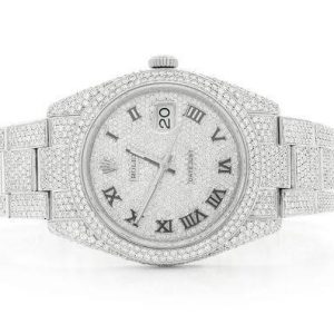 ROLEX DATEJUST ICED OUT 41MM SILVER AUTOMATIC STAINLESS STEEL WATCH FULL MOISSANITE 23.50CT