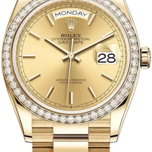 Rolex Day-Date Yellow Gold Champagne Dial Diamond Bezel Women’s Watch M128348RBR-0026