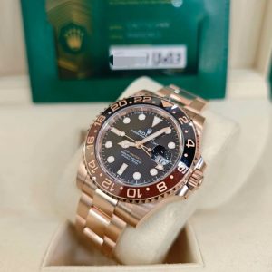 Rolex GMT-Master II 40mm Root Beer Black Dial Oyster Bracelet 18k Rose Gold Watch 126715chnr-0001