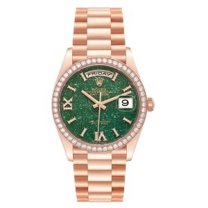 Rolex Day-Date Rose Gold Green Aventurine Diamond-Set Roman Dial Diamond Bezel Women’s Watch M128345RBR-0068