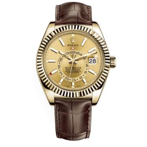 Rolex Sky-Dweller Champagne Dial Automatic 18kt Yellow Gold Leather Strap 326138-0006
