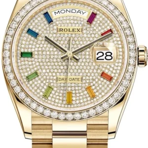Rolex Day-Date Yellow Gold Diamond-Paved Dial Diamond Bezel Women’s Watch M128348RBR-0030