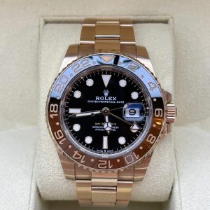 Rolex GMT-Master II 40mm Root Beer Black Dial Oyster Bracelet 18k Rose Gold Watch 126715chnr-0001