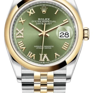 Rolex Datejust 36 Steel & Yellow Gold Olive Green Pave Roman Dial Men’s Watch M126203-0025