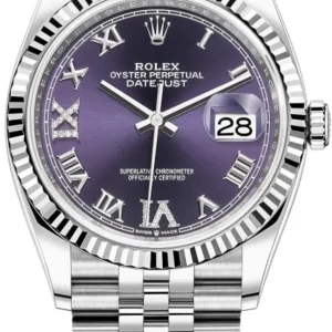 Rolex Datejust 36 Steel & White Gold Aubergine Diamond Pave Roman Dial Women’s Watch M126234-0021