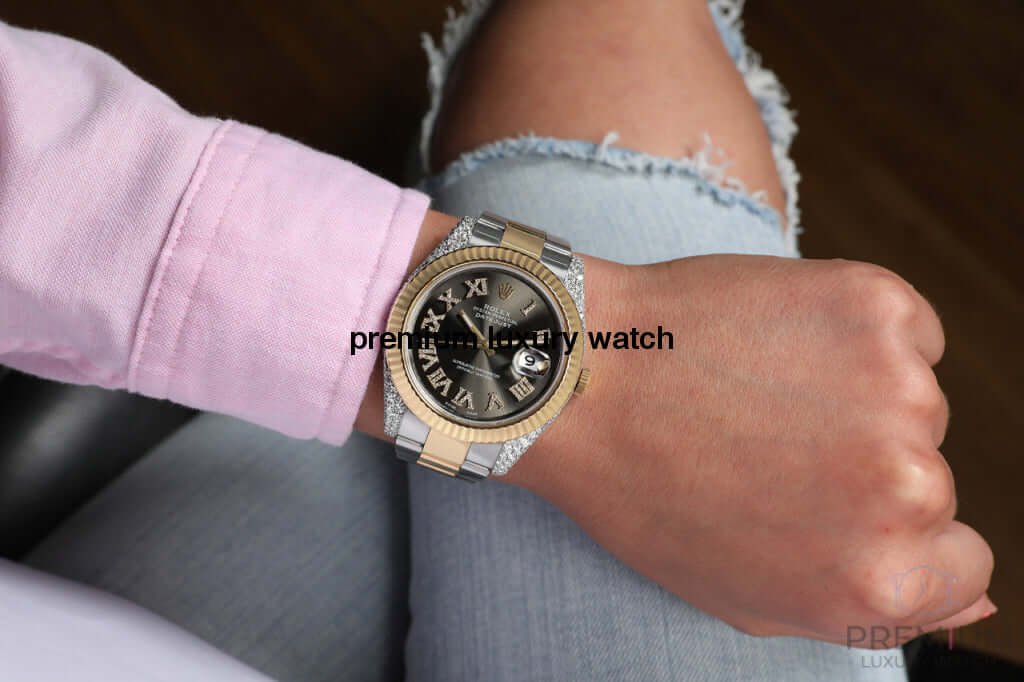 Rolex Datejust Iced out 41MM Stainless Steel and Yellow Gold Custom VVS Moissanite Grey Roman Dial - Image 6